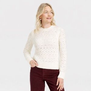 Universal Thread Women's Long Sleeve Lace Crewneck Pullover Sweater Cream Size L